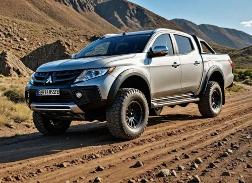 crear una 4x4 camioneta mitsubishi de grandes ruedas por un camino de tierra,an all terrain vehicle driving down a dirt road,raptor,off road toy,off-road car,off-road vehicle,off road vehicle,four whe