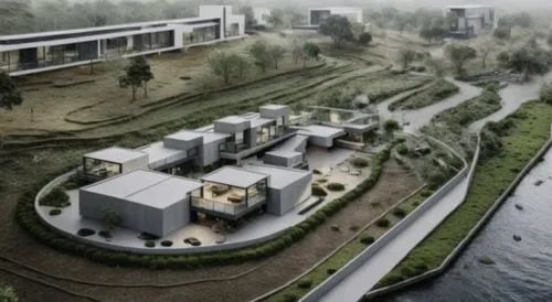 an aerial view of a futuristic design and its surroundings,europan,ecovillages,seasteading,residentie,arkitekter,autostadt wolfsburg,buangan,bjarke,medini,mvrdv,residential,neukom,modern architecture,