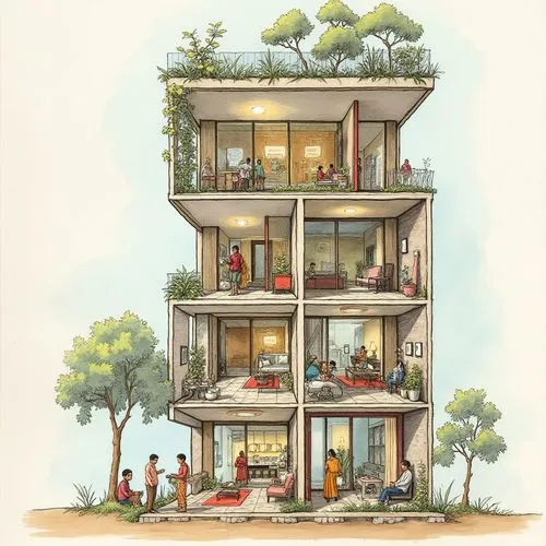 Cross-section sketch of a vertical urban housing tower with open courtyards, double-height living rooms, layered balconies with plants, and realistic Indian families inside — children playing, women c