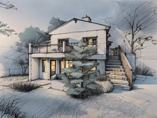 In the heart of a lush green forest, a modern rustic house with a wooden roof and a mahogany roof stands proudly nestled among the lush grass. The windows are painted a warm white paint job, with a wo