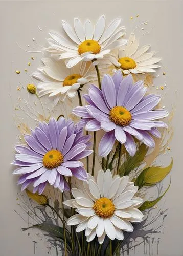 Three large, lilac daisies dominate the picture, with circular, slightly open petals that are kept in a soft white. The petals are nuanced in different shades of white and cream, with a textured, almo