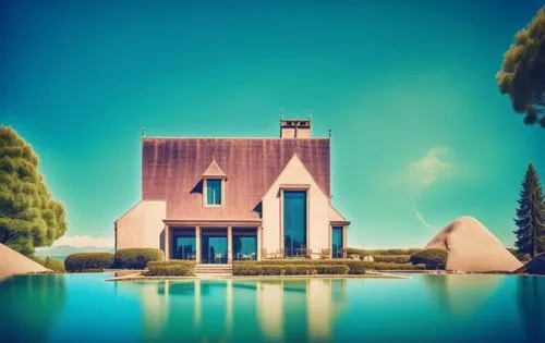 glass bricks tiles garden sunlight blue sky landscape people lake trees park hotel forest mountains,an image of a house with large water in front,miniature house,sunken church,house with lake,island c