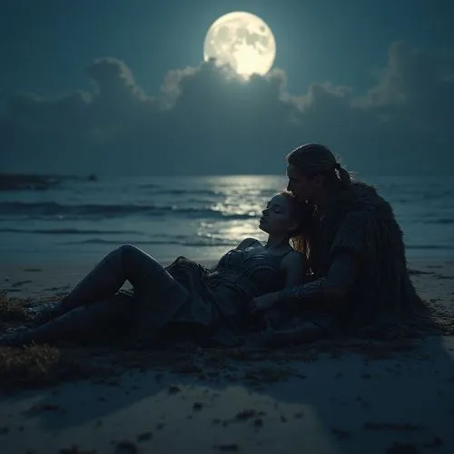the man and woman are sitting on the sand on a beach,romantic scene,romantic night,moonlight,honeymoon,dark beach,moonlighters,moonlit night,romantic portrait,moonrise,moonlit,sea night,idyll,the moon