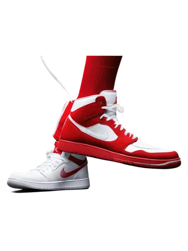 Nike Air Jordan shoes, white and red sneakers, laces tied, jumping pose, muscular male legs, athletic wear, sports-themed background, dynamic movement, high-angle shot, dramatic lighting, cinematic co