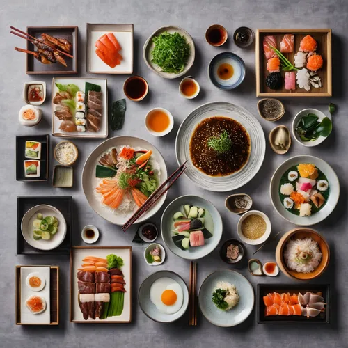 japanese cuisine, professional food photography, on a long table,sushi set,japanese cuisine,japanese food,nabemono,japanese meal,food collage,sushi roll images,sushi japan,sushi plate,food styling,sus