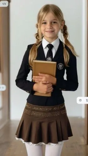 mini skirt with white tights underneath,a girl in uniform and holding an open binder,school skirt,cinnamon girl,school clothes,gingerbread girl,beanpole,female doll,kindergartener,kindergartner,salesl