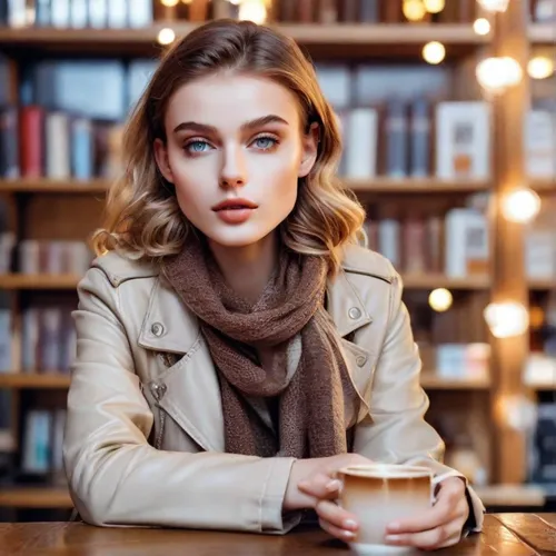 woman wearing wavy hair,woman drinking coffee,coffee and books,cappuccino,woman at cafe,romantic look,café au lait,barista,espresso,coffee background,young woman,scarf,tea and books,girl portrait,girl
