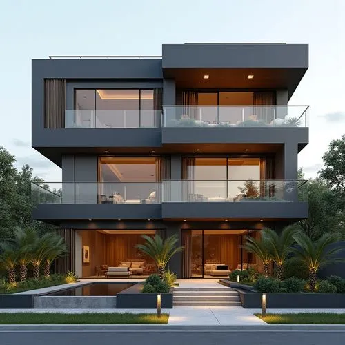 A hyper-realistic, high-resolution architectural photograph of a multi-level, contemporary luxury residence featuring a sleek, geometric design. The exterior is composed of smooth, matte charcoal-gray