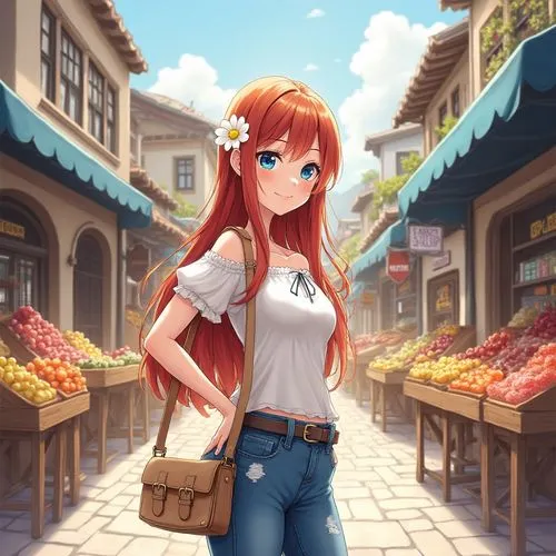 A vibrant, anime-style digital illustration of a bustling cobblestone street market in a quaint European or East Asian town, bathed in warm, golden sunlight with a partly cloudy sky. In the foreground