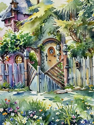 Дом хоббита за забором с воротами с фигурка и соколов на столбах,painting of a home with an inviting garden and gate,fairy village,watercolor background,village scene,church painting,watercolor cafe,c
