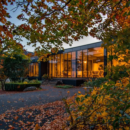 1Building,an exterior view of a home with autumn leaves on the ground,vitra,mid century house,eisenman,kripalu,midcentury,neutra,cube house,beyeler,vmfa,glucksman,oberlin,mid century modern,modern hou