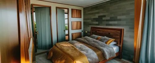 there is a bedroom with a bed and an open door,guest room,room door,bedroom,modern room,roomier,room