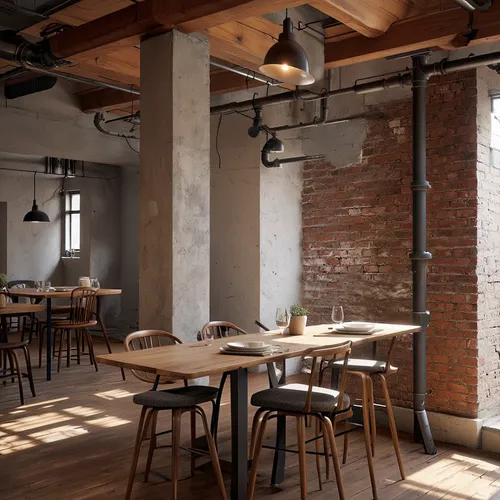 Rustic warehouse, exposed steel beams, distressed brick walls, reclaimed wood floors, industrial chic decor, metal pipes, concrete columns, high ceilings, urban loft atmosphere, natural light pouring 