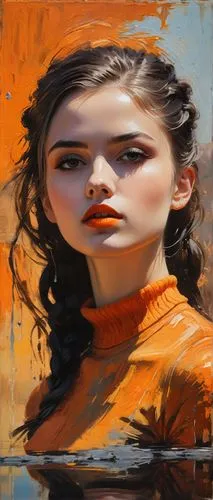 Casual Photo of a 18 year old teen girl in desert with trimmed hair and beard and slim waist. Wearing turtleneck sweater, on sunny day. Extreme close-up. Oil painting style, visible brushstrokes gradi