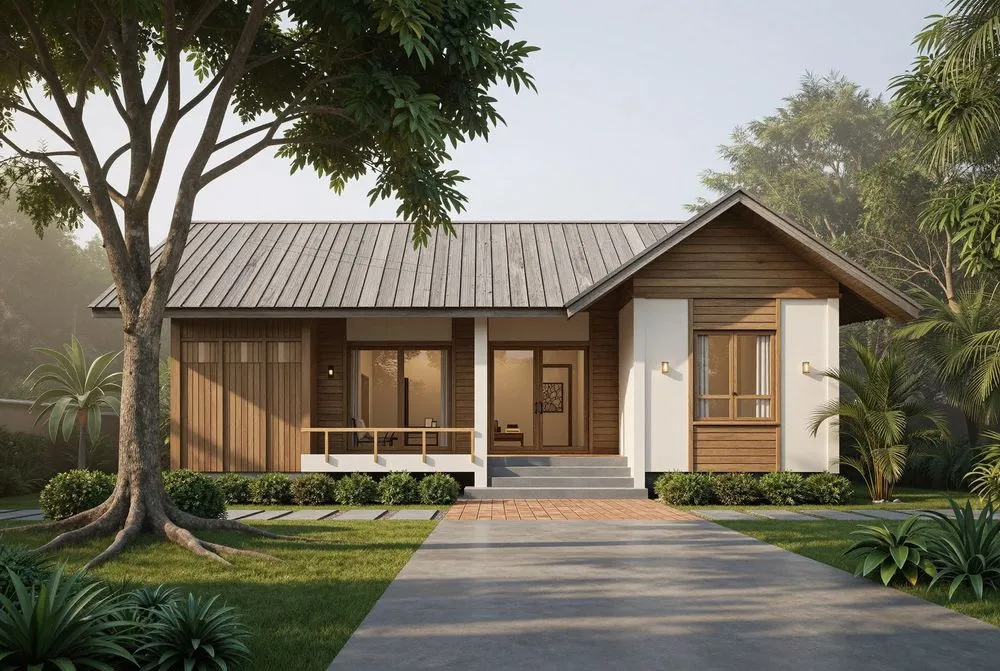 a small wooden cabin in a park area