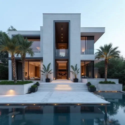 A hyper-realistic, high-resolution architectural photograph capturing a grand, ultra-modern luxury mansion at twilight. The building’s façade is composed of smooth white stone panels contrasted with s