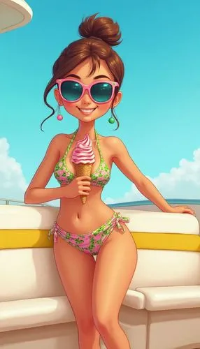 Image is a vibrant, high-resolution photograph featuring a young girl standing confidently on a boat deck. She is wearing a colorful bikini with a green and pink pattern, and her skin is a warm tan. H
