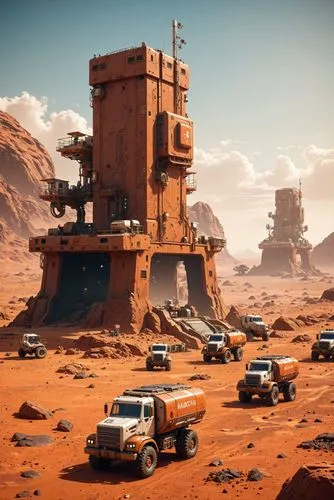 (((a heavily stylized painterly sci-fi Martian colony base))), ((sci-fi trucks and robots)), ((thick paint)), calm mood, wide angle view, highly detailed, high resolution, 8k, marsbaseandvehicles,an a