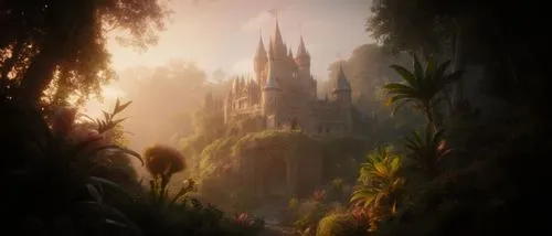 Cinematic picture of a near-fantastical castle integrated with nature, glowing soft warm light, surreal lush gardens with oversized plants and glowing flora, ethereal atmosphere.,a fantasy castle surr