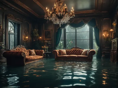 Flooded living room,flooded,flood,submerged,flooding,floods,luxury decay,flooded pathway,waterbed,luxury property,underwater playground,mansion,underground lake,abandoned room,ornate room,water castle