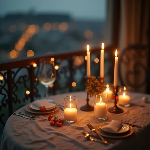 exclusive balcony elegant decoration on table ,delicate ,blured background,zoom focus,candles and lights
,an outdoor dinner setting features candles and place settings,romantic dinner,romantic night,c