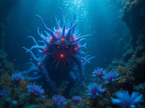 monster,dark flowers,blue,underwater,an animal underwater in deep water with blue and pink flowers,deepsea,deep sea,coral guardian,blue anemone,sea life underwater,deep ocean