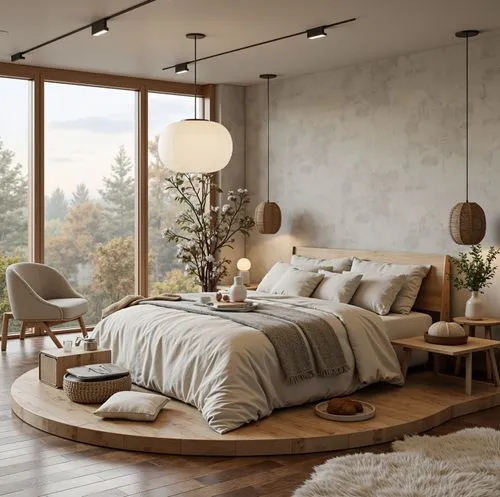 A cozy minimalist bedroom with a circular wooden platform bed, soft neutral bedding, pendant lights, and large glass windows offering a view of a serene forest in autumn.,the interior of a bedroom dec