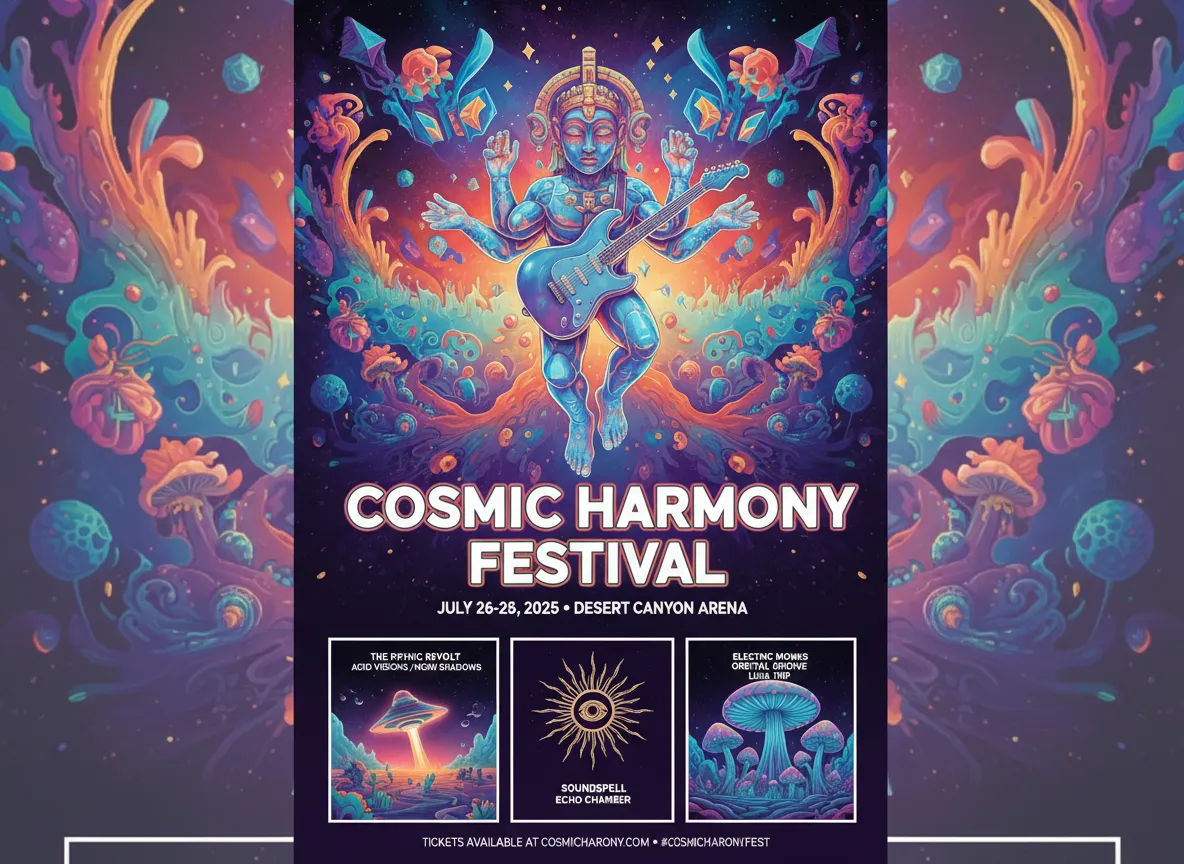 Un moderno flyer per un festival musicale che utilizza elementi psychedelic rock come colori vivaci e immagini surreali in un layout pulito e contemporaneo.