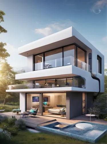Imagine a futuristic smart home with advanced AI technology.,modern house,modern architecture,3d rendering,smart house,smart home,dunes house,cubic house,luxury property,contemporary,cube house,modern