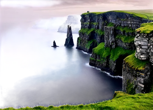 Irish landscape, Emerald Isle, rolling hills, lush green grass, misty atmosphere, rugged coastline, Cliffs of Moher, Galway Bay, medieval castle ruins, Celtic stone walls, ancient celtic symbols, myst