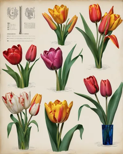 Describe variety of Lily Flowered Tulips (pointed tulips) in the world with piles of tulip in every room. sketchbook style, tulips from tiles, different colors of tulips, a harmonious blend of the pas