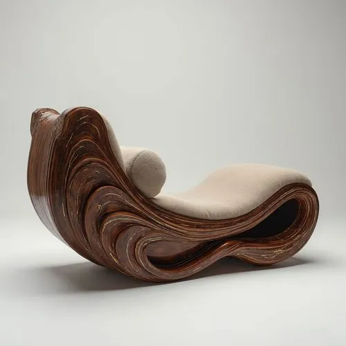 Chaise longue inspired by an ocean wave, with flowing wood carving in dark cherry, brass inlay following the foam lines, and a velvet cushion that blends into the curvature.,a modern couch that is mad
