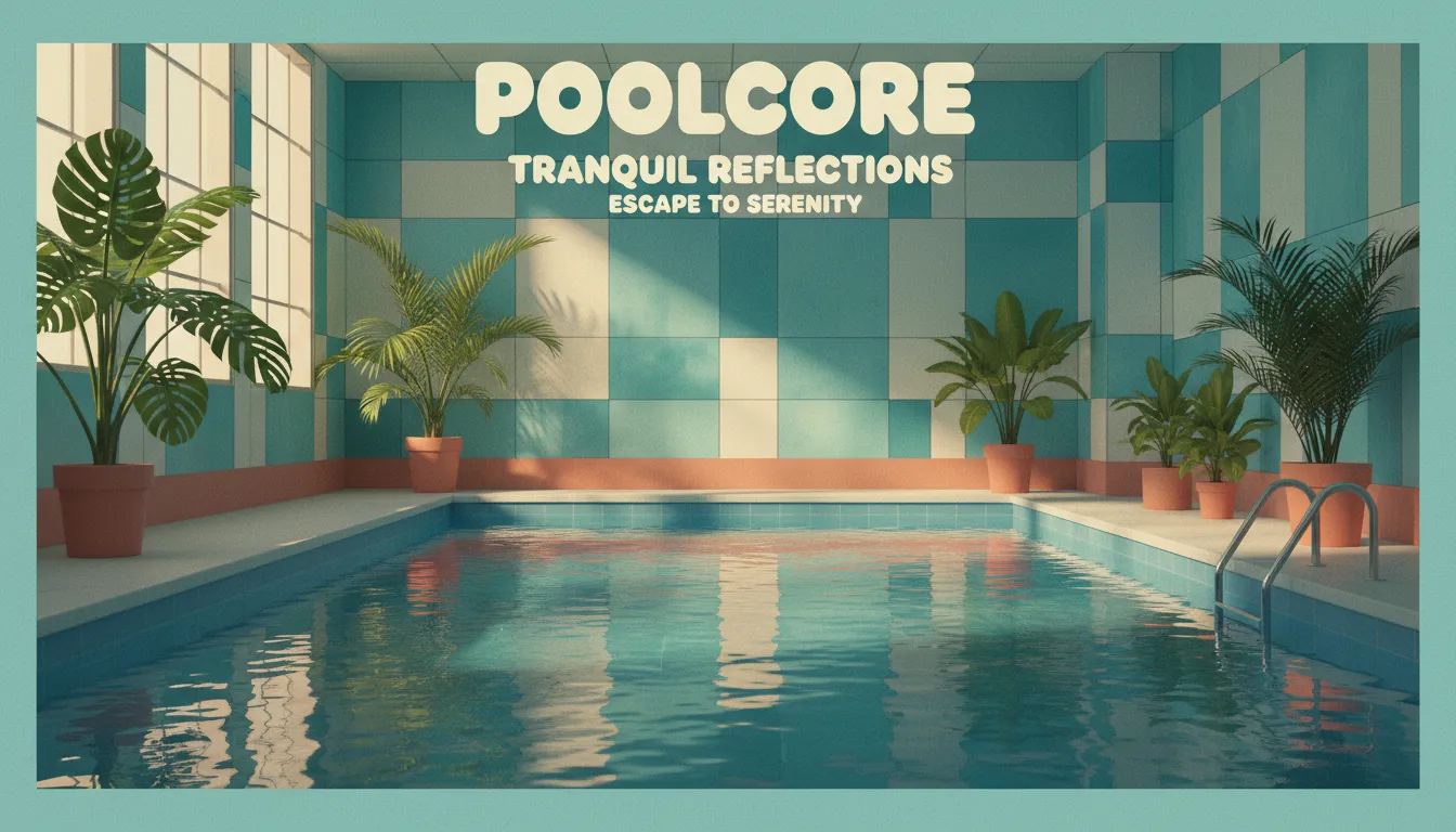 Un poster Poolcore fotorealistico creato con PromeAI, che mostra una tranquilla piscina interna con acqua calma che riflette una luce soffusa sulle pareti piastrellate.
