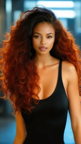 A detailed oil painting of a redheaded woman with wavy, rich, and serious hair, her eyes a vivid blue. The focus is on her powerful reddish-brown hair, while the background blurs into a deep black, em