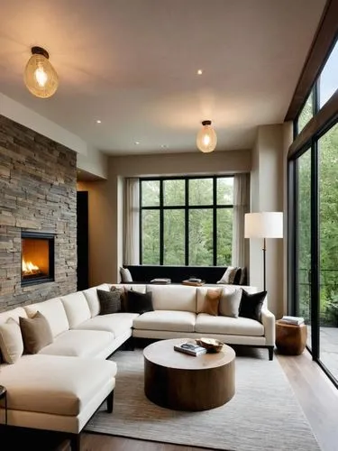Give me a cozy and modern-style living room that can well retain the light in the original picture and reflect the comfort of this room.,a room with couches, a lamp, a rug, a coffee table and two fire