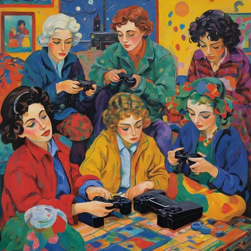 Compose a heartwarming poem capturing the joy and camaraderie of friends playing multiplayer games on a Sony PS2 console during a rainy day.,children studying,computer game,computer addiction,knitting