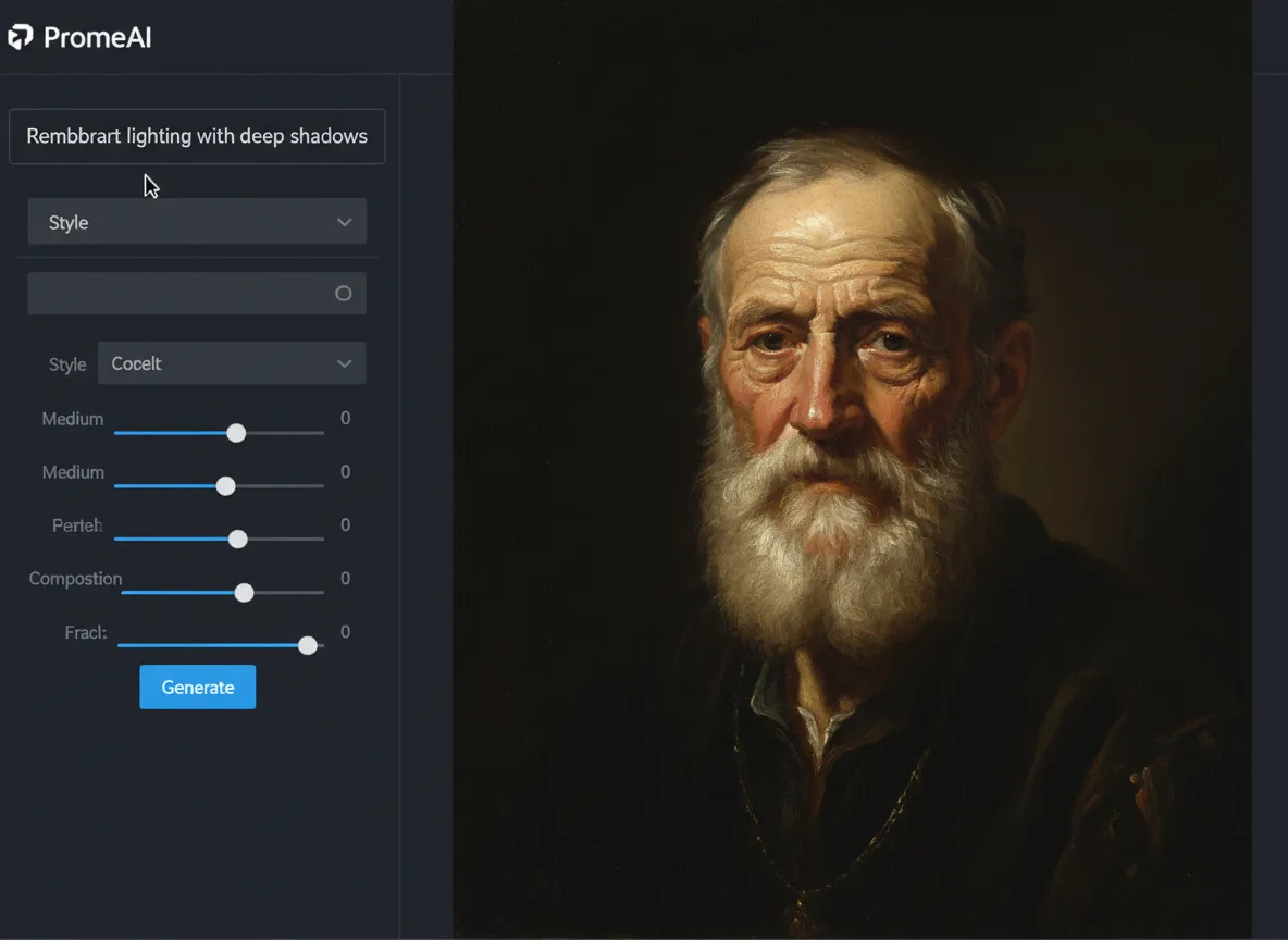 PromeAIプラットフォームのインターフェース画面。ユーザーが「深い影のあるレンブラント・ライティング」と入力すると、その隣に結果のポスター画像が表示される様子。