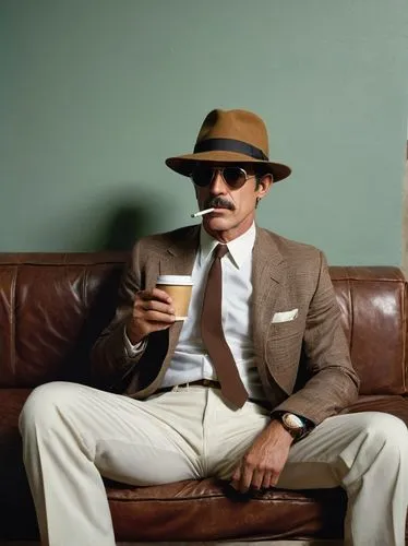 A slim man in his 50s sits on a worn leather sofa under studio lighting, holding a coffee in one hand and a cigarette in his mouth. Wearing a small-brimmed straw fedora and sunglasses, his outfit cons