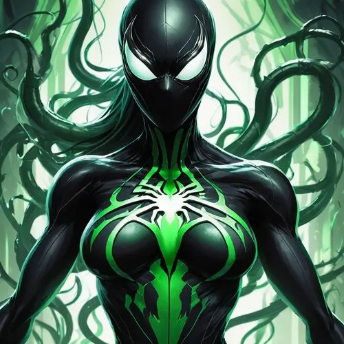 Female symbiote with large black and green chest.,symbiote,symbiotes,antivenom,hela,volthoom,anansi,patrol,venom,osborn,spawn,narvel,mysterio,araneda,venomous,green skin,aranxta,green,green black,nekr