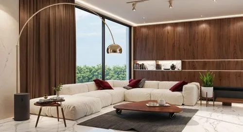A 3d rendering of a modern living room with a minimalist design. the room features a large sectional sofa with beige cushions and maroon throw pillows, a wooden coffee table with dark grey wheels, and