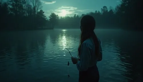 dark random scene from horror movie,country,rednex,young lady fishing, monster in lake,a woman standing on top of a lake holding a fishing rod,the night of kupala,midwater,angler,fishing,twilight,slen