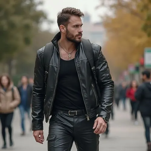 an insanely handsome muscular college professor who is an immortal werewolf, wearing leather jacket, tank top, and leather pants, on campus, wearing smartwatch, boots, backpack























