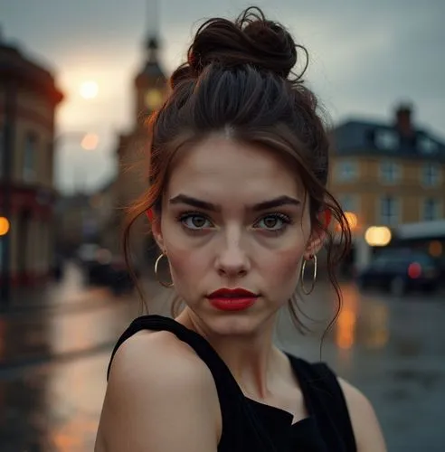 a portrait of a beautiful Caucasian young woman, 22 years old with brown hair, brown eyes, and red lips, she has her hair tied up with a bun, she is wearing a black dress with a neckline. She is stand