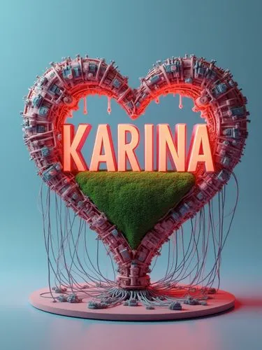 A 3D render of a massive heart-shaped structure made of intricate machinery and cables. The heart is illuminated with a warm glow and contains a green grassy area inside. The word 'KARINA' is displaye