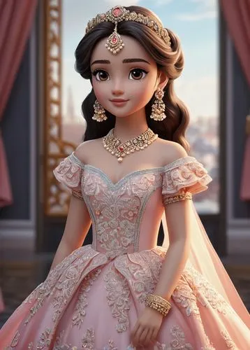 BRUNETTE BEAUTY. MODESTLY DRESSED. TEENAGER. ROYAL CORAL LEHENGA. PUFF SLEEVES. LOTS OF FRILLS AND SASHES. CRYSTAL EARRINGS. PEARL NECKLACE. CRYSTAL BANGLES. DARK BROWN LONG OPEN HAIR. LARGE BLACK EYE
