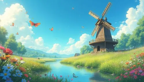 6. A captivating 4K Studio Ghibli-inspired wallpaper depicting a floating meadow adorned with vibrant wildflowers in a spectrum of dazzling colors. At its heart, a rustic wooden windmill turns slowly,