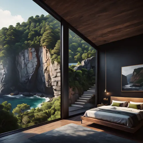 cliffs ocean,house in mountains,bedroom window,house in the mountains,cliffs,ocean view,the cabin in the mountains,inverted cottage,home landscape,beautiful home,secluded,block balcony,window with sea