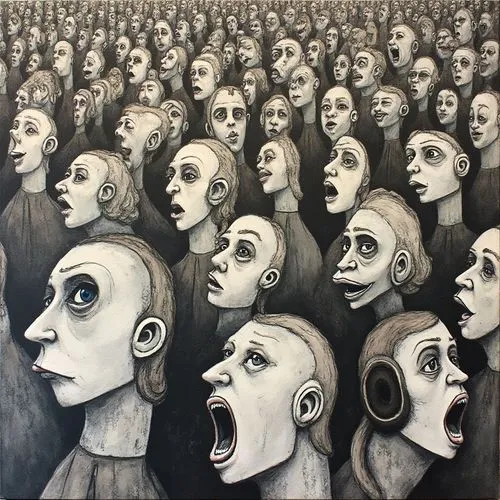 a large group of people, many with mouths open,audience,conformism,schizophrenics,agoraphobic,ostracizing,psychiatric,populace,crowds,overpopulation,compulsion,psychosis,nonconformity,conformists,ostr