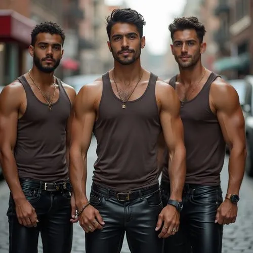 a handsome muscular Brazilian American man and his brothers in Boston wearing tank tops and leather pants, 30 and 27, 25 years old,Brazilian American brothers in Boston ,hunks,bulges,torsos,virility,p