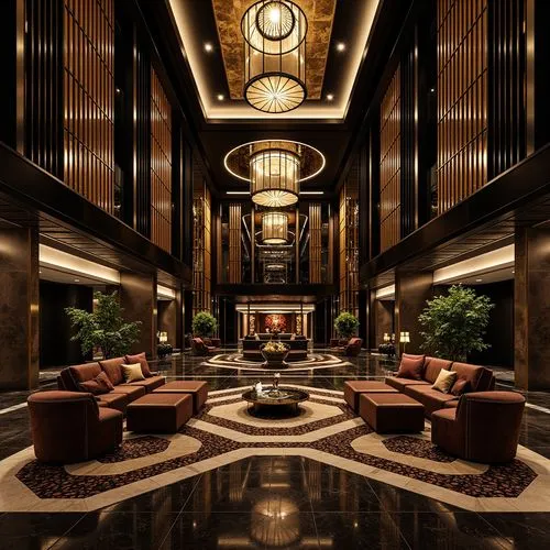 Luxurious Art Deco interior, ornate metalwork, geometric patterns, glossy black surfaces, polished chrome accents, rich velvet fabrics, intricate marble floors, opulent chandeliers, lavish furnishings